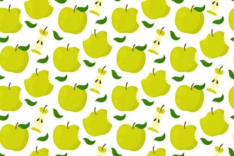 Seamless pattern with whole, bitten green apples and cores on white backgro.. Illustrazione stock