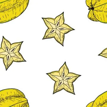 Seamless pattern of whole carambloa and carambloa slices. Vector. Stock Illustration