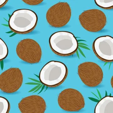 Seamless pattern whole coconut and piece on blue background, Vector illustrat Illustrazione stock