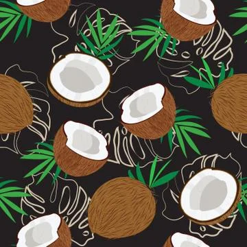Seamless pattern whole coconut and piece with monstera leaves on black backgr Stock Illustration