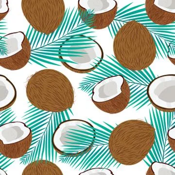 Seamless pattern whole coconut and piece with blue palm leaves, Vector illust Illustrazione stock