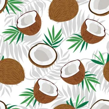 Seamless pattern whole coconut and piece with palm leaves on white background Stock Illustration