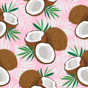 Seamless pattern whole coconut and piece with palm leaves on pink background, Stock Illustration