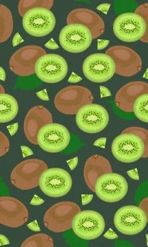 Seamless pattern whole fruit kiwi and piece on green background, Vector illus Stock Illustration