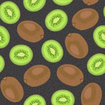 Seamless pattern whole fruit kiwi and piece with seed on black background, Ve Stock Illustration