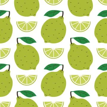 Seamless pattern with whole green lime and lime wedge in cartoon flat style.. Stock Illustration