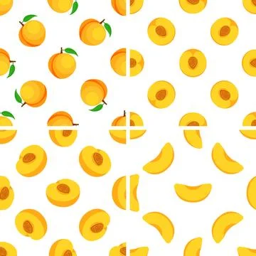 Seamless pattern with whole, halved and sliced peaches showing the pit and 스톡 일러스트