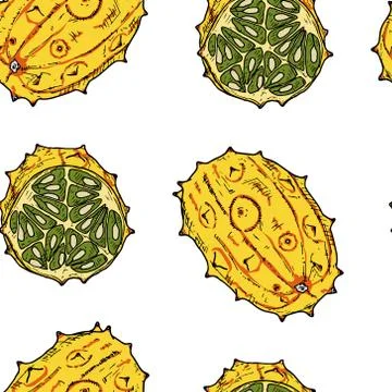 Seamless pattern of whole kiwano and kiwano half. Vector. Stock Illustration