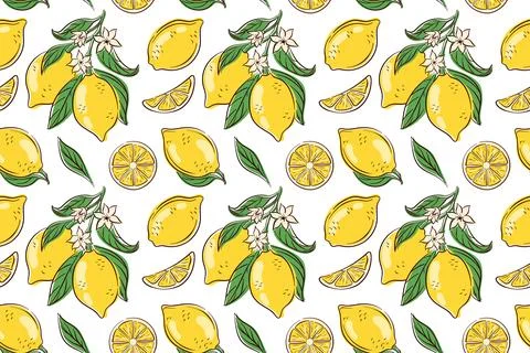 Seamless pattern with whole lemon and slice, flowers with green leaves on white Illustrazione stock