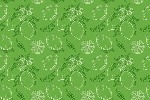 Seamless pattern with whole lemon and slice, flower with green leaf on green Stock Illustration
