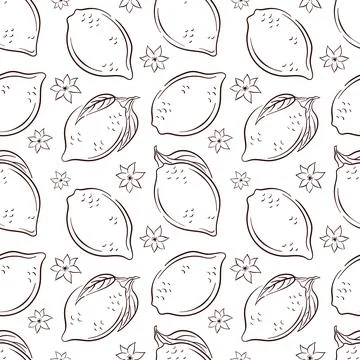 Seamless pattern with whole lemon, leaf and flower in line art style. Ideal for Stock Illustration