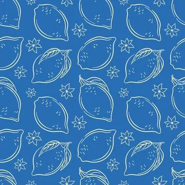 Seamless pattern with whole lemon in line art style on blue background. Perfect Stock Illustration
