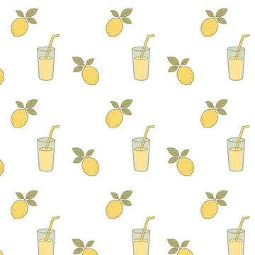 Seamless pattern with whole lemons and glasses of lemon juice with straws o.. Stock Illustration