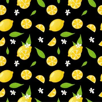 Seamless pattern with whole lemons, lemon slices, flowers and leaves on black Stock Illustration