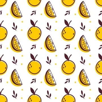 Seamless pattern with whole oranges and slices in doodle flat style. Fun and Stock Illustration