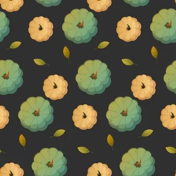 Seamless pattern of whole pumpkins on black background Stock Illustration