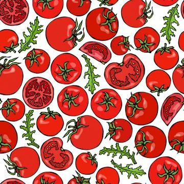 Seamless Pattern with Whole Red Tomato, Cherry Tomatoes,Tomato Slices, Half o Stock Illustration