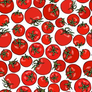 Seamless Pattern with Whole Tomato and Cherry Tomatoes. Fresh Ripe Vegetables イラスト素材
