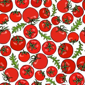 Seamless Pattern with Whole Tomato, Cherry Tomatoes and Green Leaves. Fresh R Illustrazione stock
