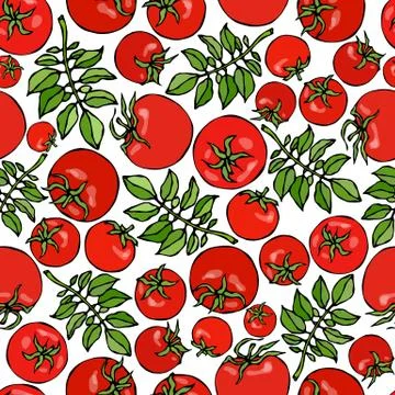 Seamless Pattern with Whole Tomato, Cherry Tomatoes and Tomato Green Leaves.  Stock Illustration