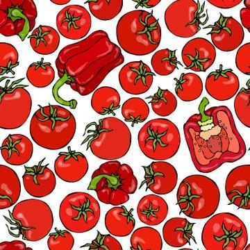 Seamless Pattern with Whole Tomato , Red Bell Pepper, Half of Pepper and Cher Stock Illustration