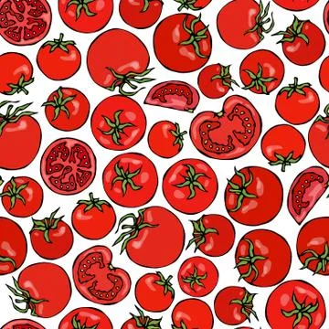 Seamless Pattern with Whole Tomato, Tomato Slices, Half of Tomato and Cherry  Stock Illustration