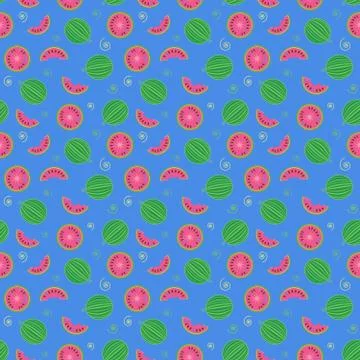 Seamless pattern of whole watermelons and slices on blue background Illustrazione stock