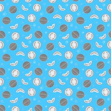 Seamless pattern of whole watermelons and slices on blue background Stock Illustration
