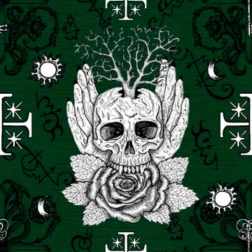 Seamless pattern with wiccan emblem, rose, tree and skull in human hands Stock Illustration