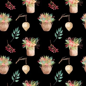 Seamless pattern Wicker basket Composition flowers, branches, leaves, berries Illustrazione stock