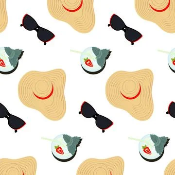 Seamless pattern of wide brimmed hat, sunglasses and mojito cocktail with mint Stock Illustration