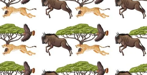 Seamless pattern with wild animals and elements on white background Stockillustratie