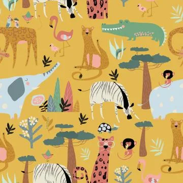 Seamless pattern of wild animals on yellow background 스톡 일러스트