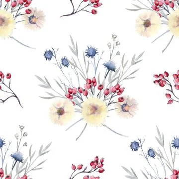 Seamless pattern with wild berries and twigs. Watercolor illustration Stock Illustration