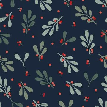 Seamless pattern with wild berries. Christmas plants, holy tree leaves and .. Stock Illustration