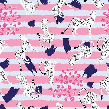 Seamless pattern with wild black white cats Cheetahs in different poses イラスト素材