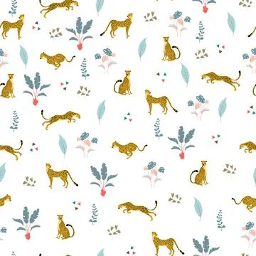 Seamless pattern with wild cats Cheetahs in different poses and exotics palms イラスト素材