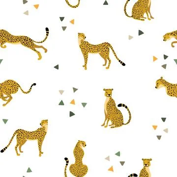 Seamless pattern with wild cats Cheetahs in different poses and triangle dots 스톡 일러스트