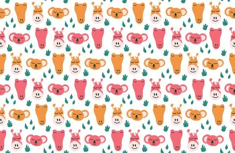 A seamless pattern of wild cute animals - koala, giraffe and crocodile in orange Stock Illustration