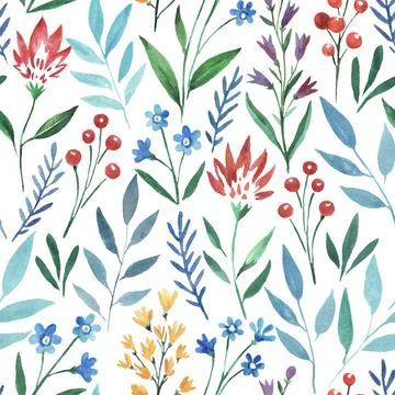 Seamless pattern with wild cute flowers. Watercolor illustration Illustrazione stock