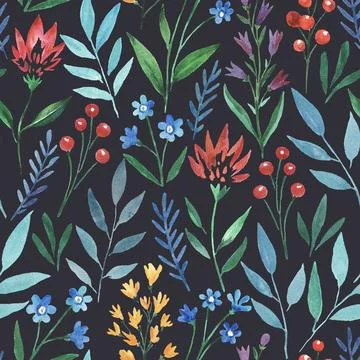Seamless pattern with wild cute flowers. Watercolor illustration Stock Illustration