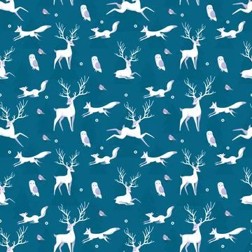 Seamless pattern with wild Deers, Foxes and Owls. Perfect for cards, invitati Illustrazione stock