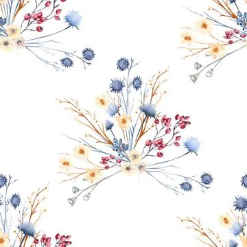Seamless pattern with wild flovers and twigs. Watercolor illustration Stock Illustration