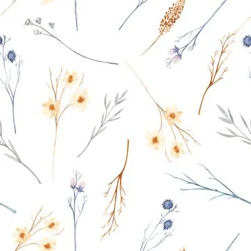 Seamless pattern with wild flovers and twigs. Watercolor illustration Stock Illustration