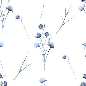 Seamless pattern with wild flovers and twigs. Watercolor illustration Stock Illustration