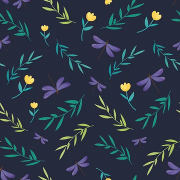 Seamless pattern with wild flowers and dragonflies. Stock Illustration