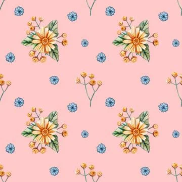 Seamless pattern with wild-flowers on orange background. Stock Illustration