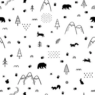 Seamless pattern with wild forest animals. Scandinavian style. Hand drawn b.. Stock Illustration