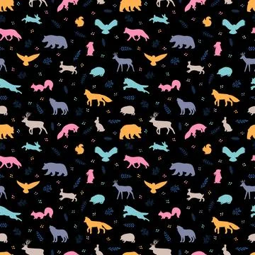 Seamless pattern with wild forest animals. Woodland life. Background for fa.. Stock Illustration