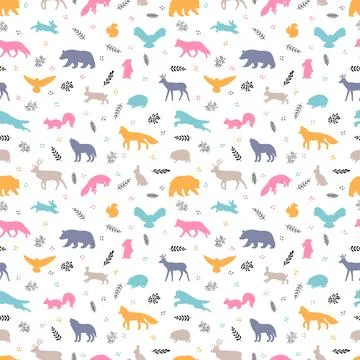Seamless pattern with wild forest animals. Woodland life. Background for fa.. Stock Illustration